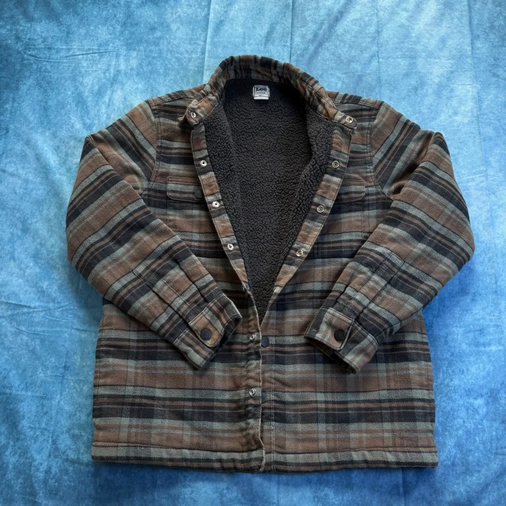 Lee Sherpa Lined Plaid Chore Jacket Brown Snap Front Workwear Men's S